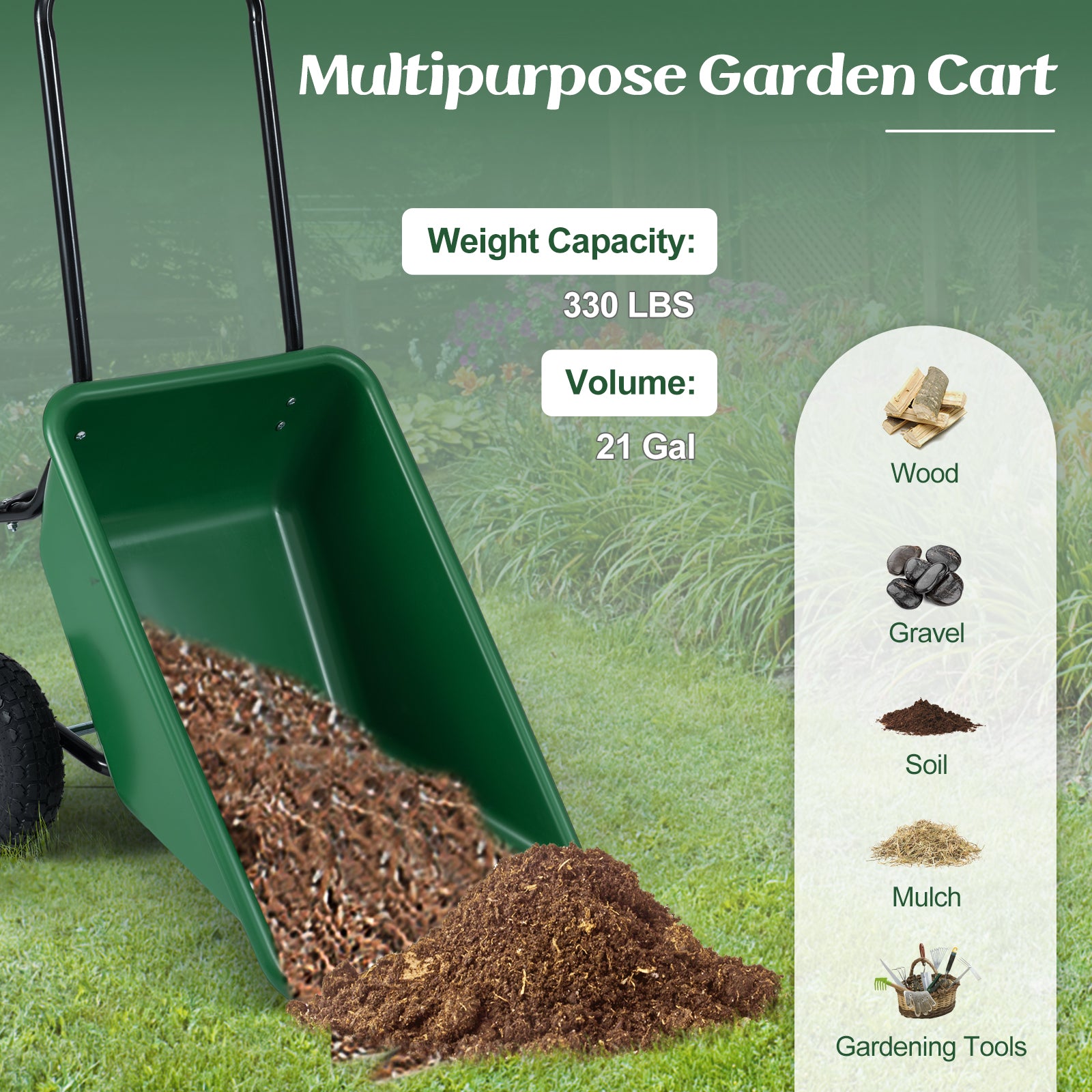 Dual-Wheel Garden Utility Cart, Pneumatic Tires, Green Garden Carts at Gallery Canada