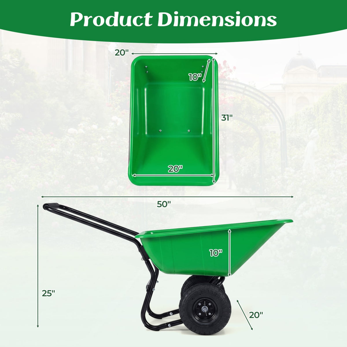 Dual-Wheel Wheelbarrow Utility Cart, Pneumatic Tires, Light Green Garden Carts at Gallery Canada