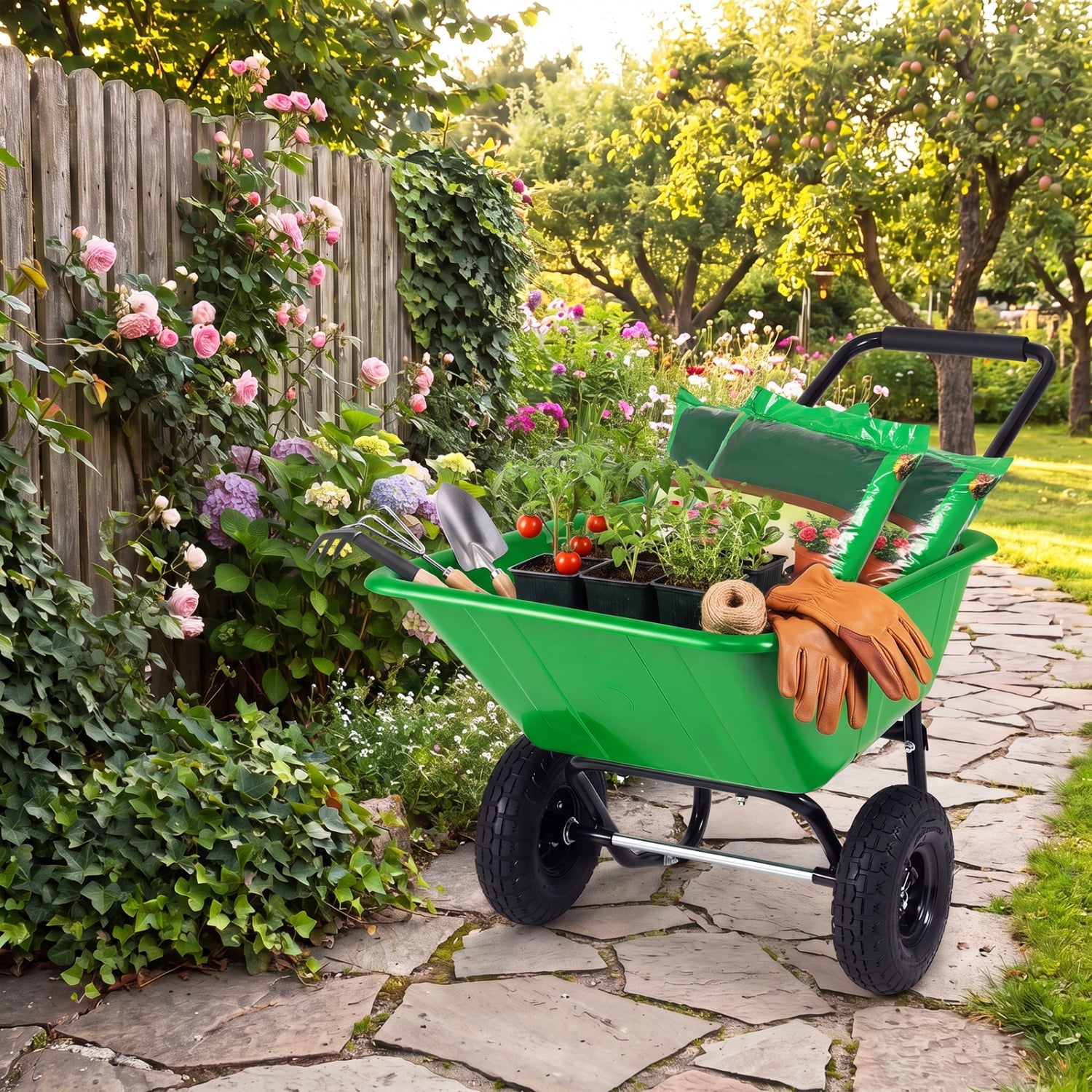 Dual-Wheel Wheelbarrow Utility Cart, Pneumatic Tires, Light Green Garden Carts at Gallery Canada