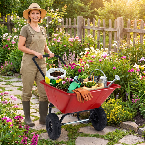 Dual-Wheel Wheelbarrow Garden Utility Cart, Red