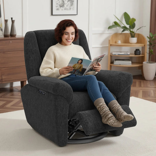 Power Recliner Chair, Fabric, USB Ports, Swivel & Rocking, Black Sofas & Reclining Chairs Black at Gallery Canada