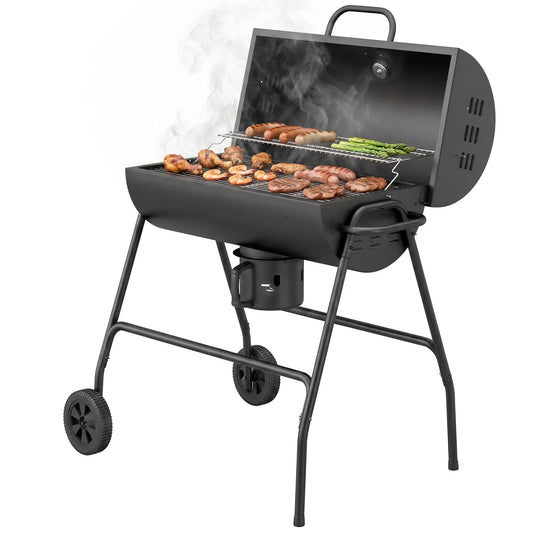Charcoal BBQ Smoker, 420 sq.in. Cooking Area, Wheels, Ash Catcher, Black