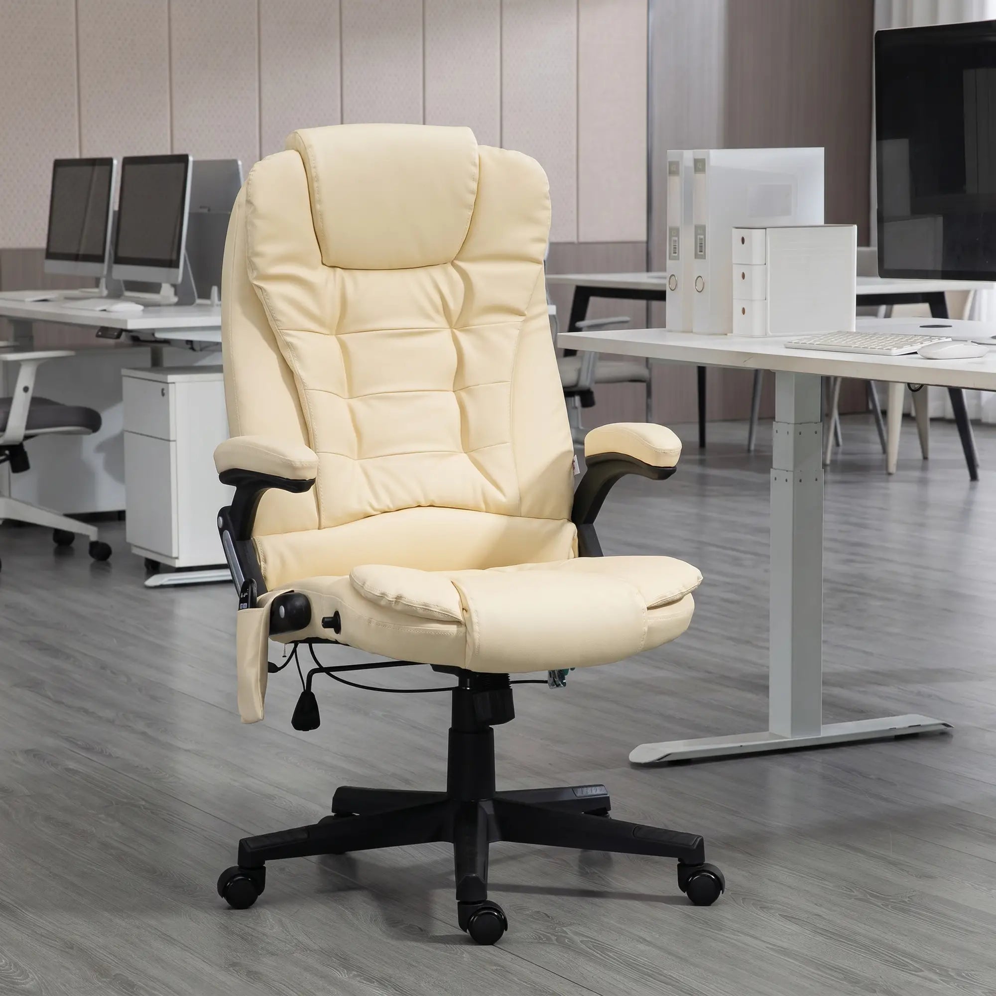 Adjustable Heated Massage Swivel Office Chair, High Back Leather, Beige Massage Chairs at Gallery Canada