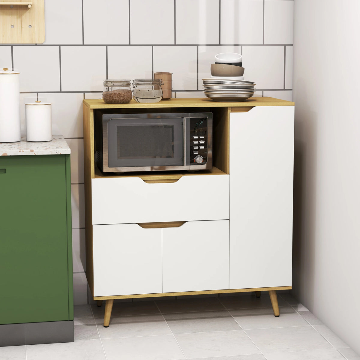 Modern Microwave Stand, Cabinet with Drawer, Storage, White Kitchen Pantry Cabinets at Gallery Canada