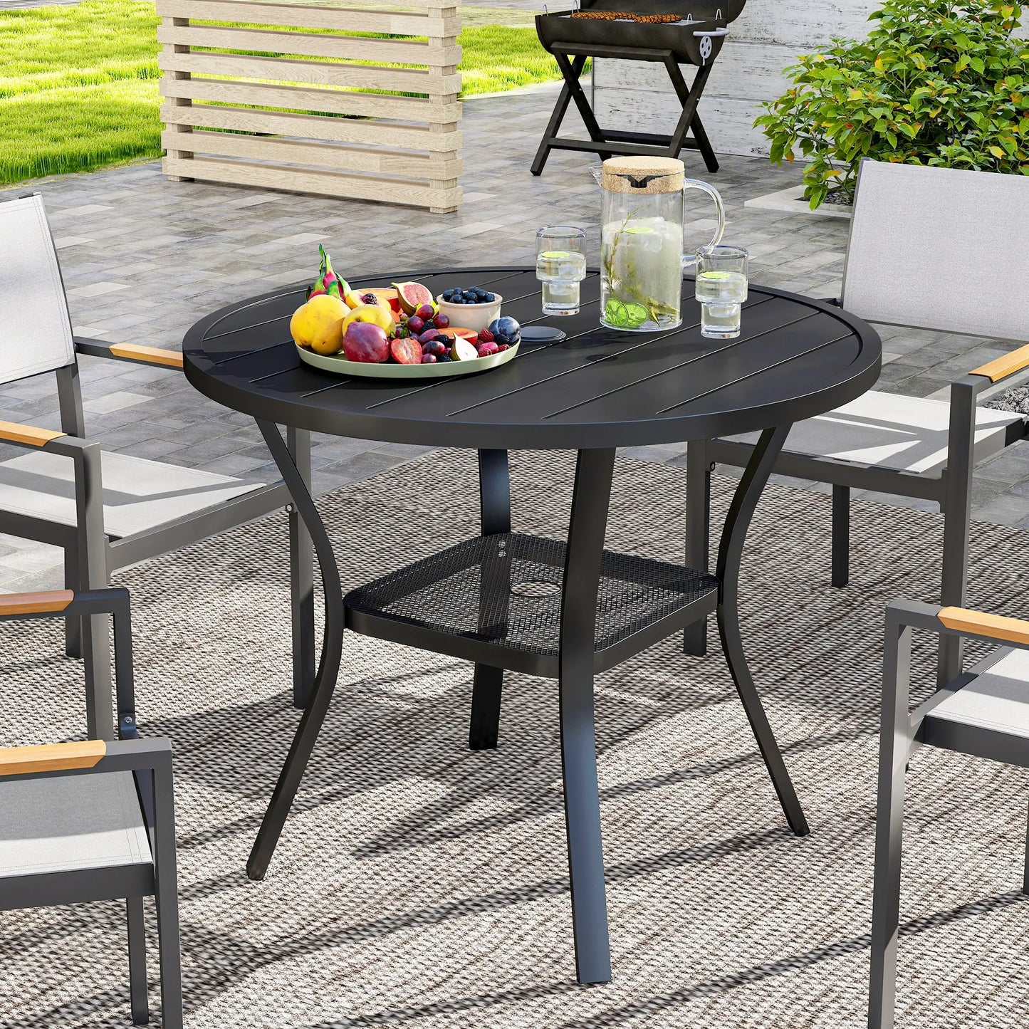 35.5" Round Outdoor Dining Table, Metal Patio Table With Umbrella Hole, Black Patio Dining Tables at Gallery Canada