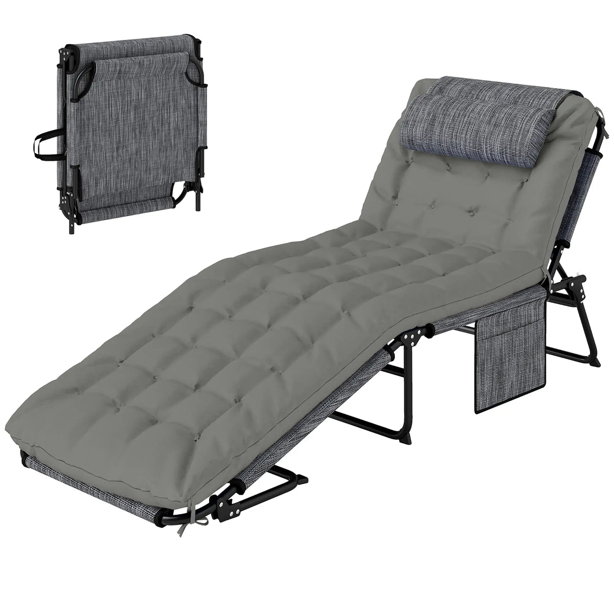 Folding Lounge Chair, 4-Level Reclining Back, Cushion, Grey Lounger Chairs Black, Mixed Grey, Grey at Gallery Canada
