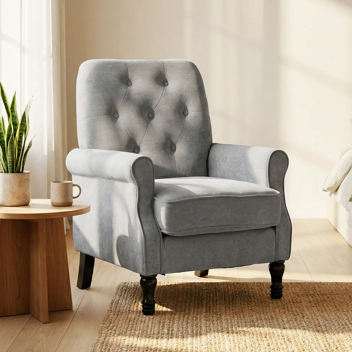 Mid-Century Modern Armchair, Thick Padded Seat, Spring Cushion, Solid Wood Legs, Grey Single Sofas at Gallery Canada