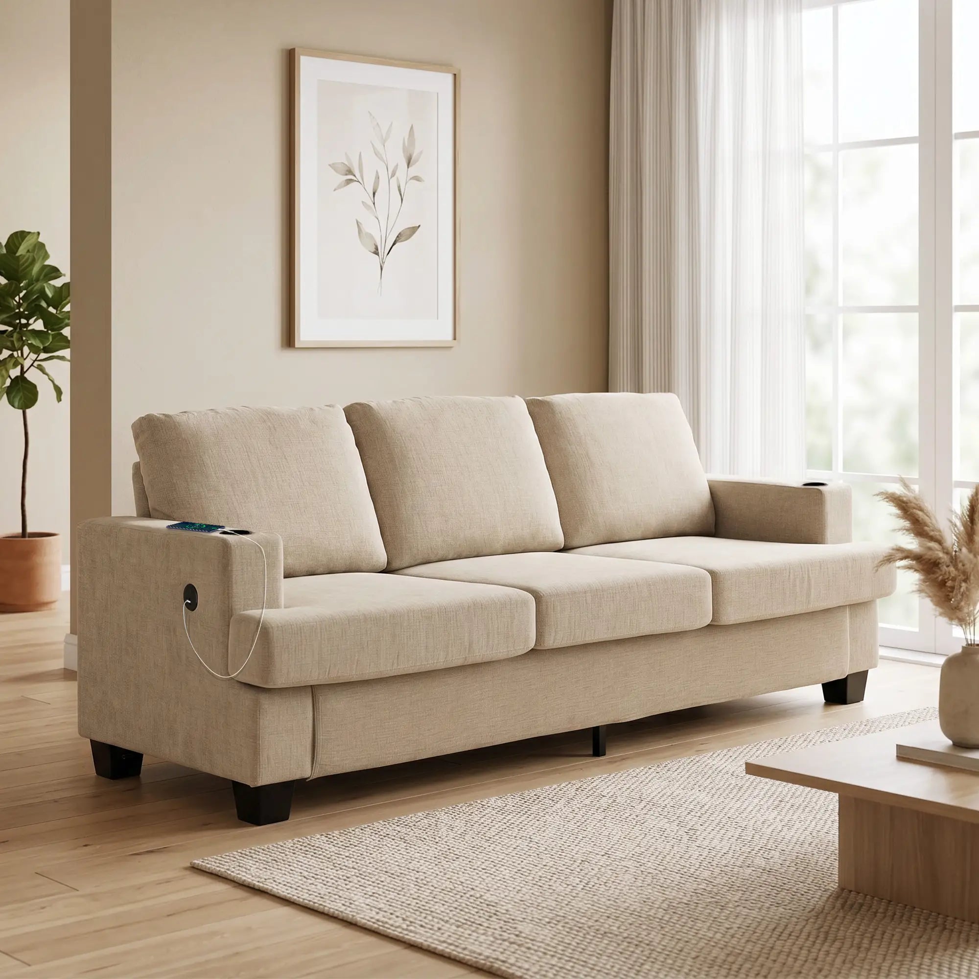 3 Seater Sofa with USB Ports, Cup Holders, Chenille Upholstery, Light Brown 3-Seater Sofas at Gallery Canada