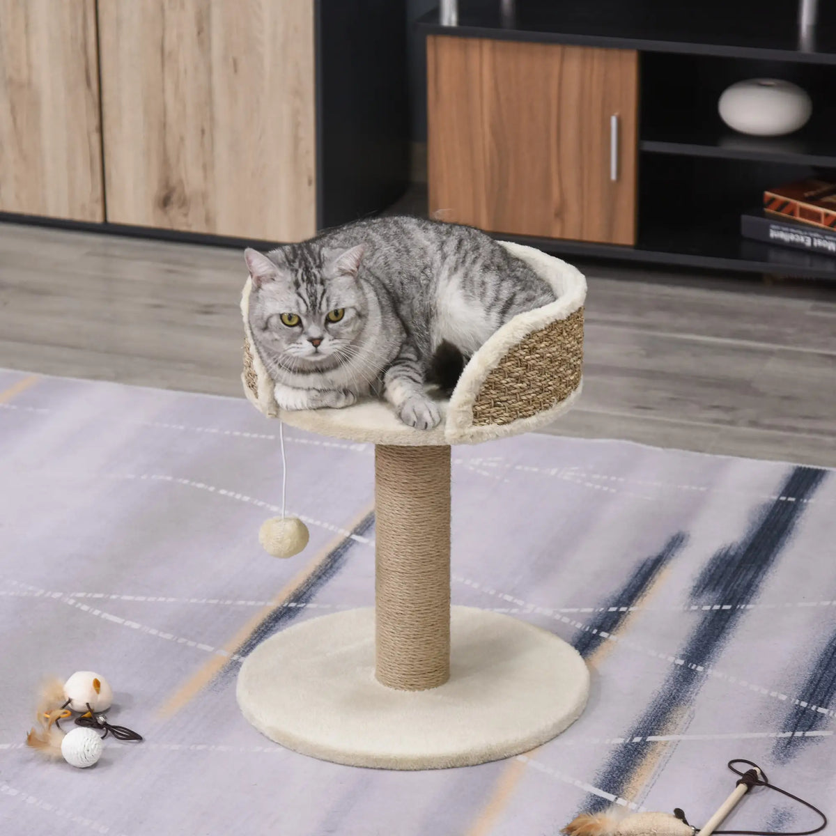 Cat Tree with Scratching Post, Toy Ball, Perch, 16" x 16" x 19", Beige Cat Posts at Gallery Canada