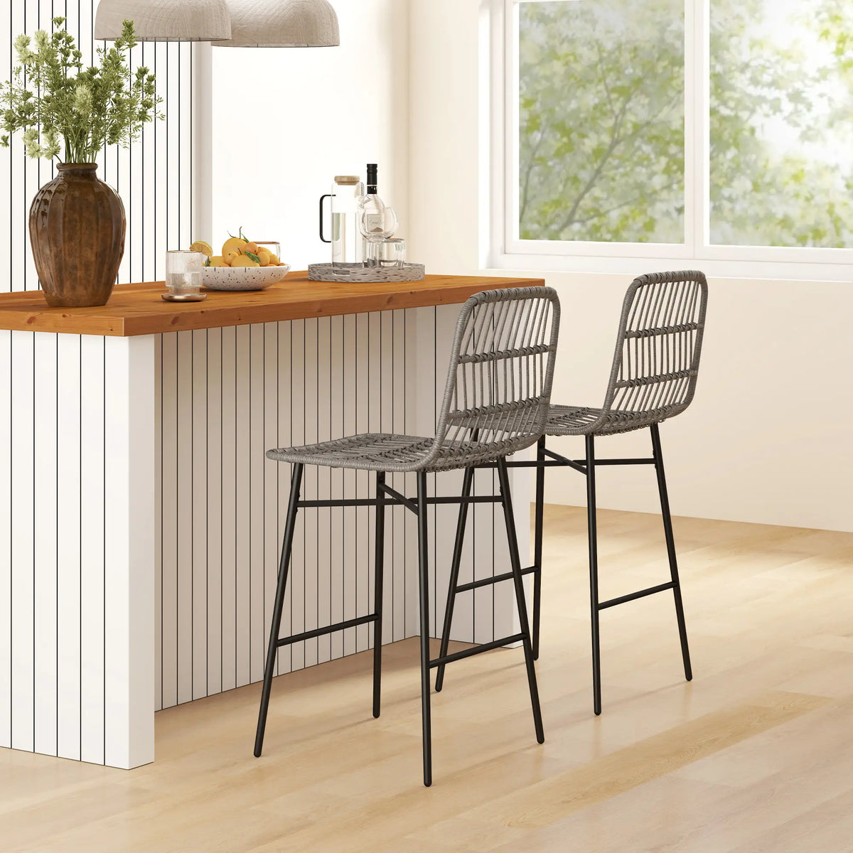 Rattan Counter Height Bar Stools, Set of 2, 26", Grey Bar Stools at Gallery Canada