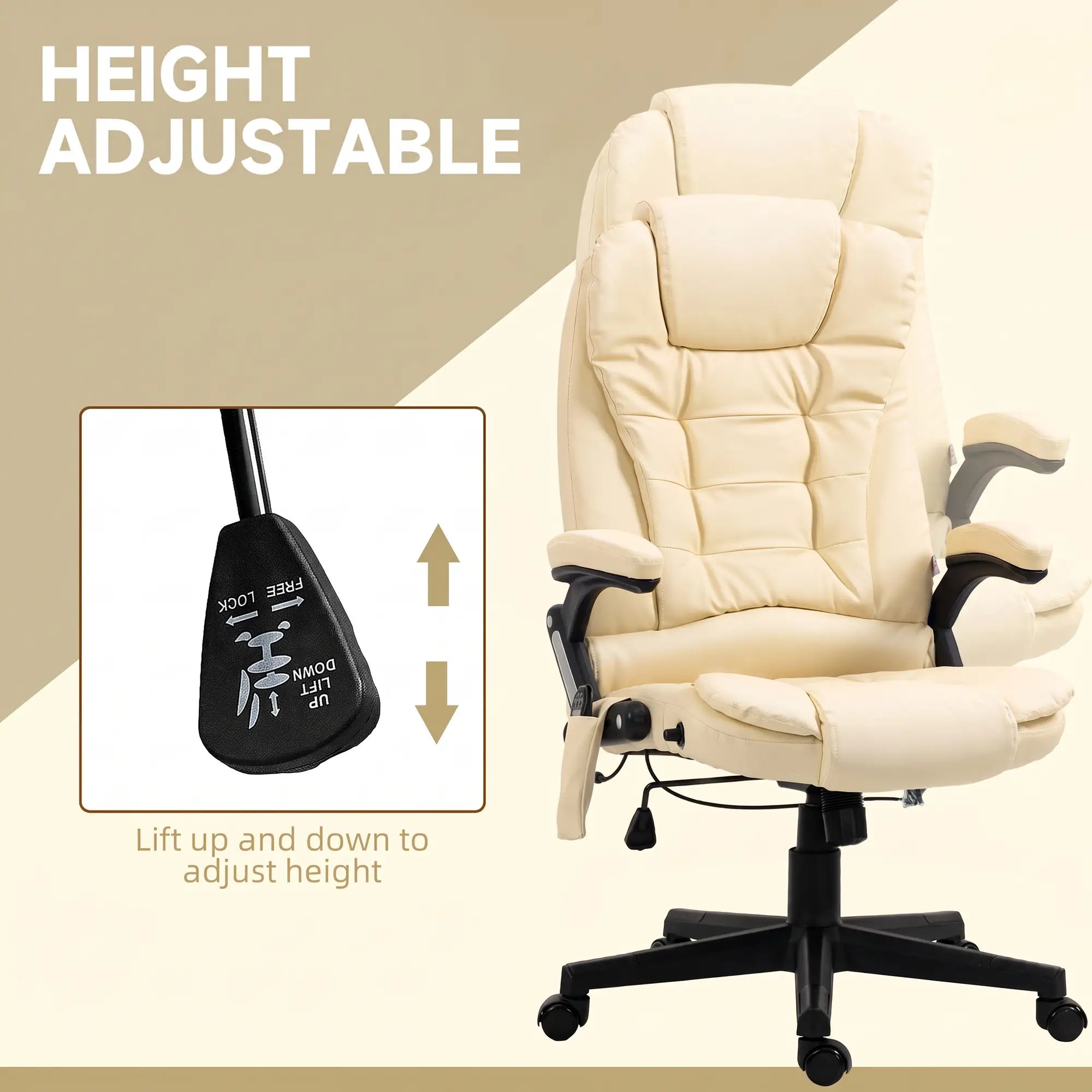Adjustable Heated Massage Swivel Office Chair, High Back Leather, Beige Massage Chairs at Gallery Canada