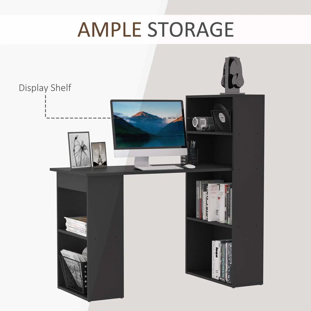Modern Computer Desk With Storage, 47" Writing Workstation, Black Writing Desks at Gallery Canada