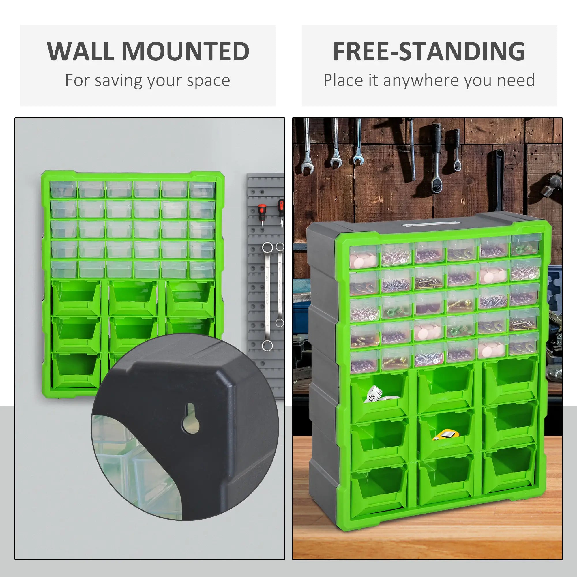 Plastic 39 Drawer Parts Organizer, Wall Mount Storage Cabinet, Green Tool Organizers at Gallery Canada