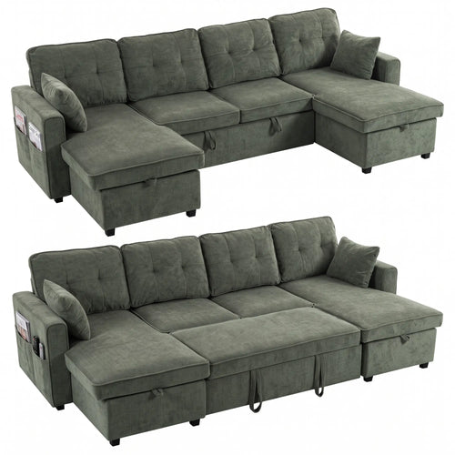 U Shaped Sectional Sofa Bed, 113 Inches, Green