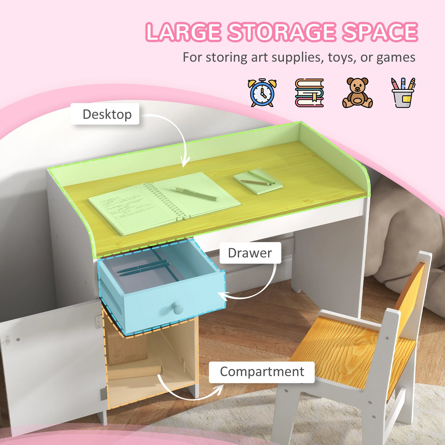 Kids Desk and Chair Set, Study Table with Storage Drawer, White Kids Desk Sets at Gallery Canada
