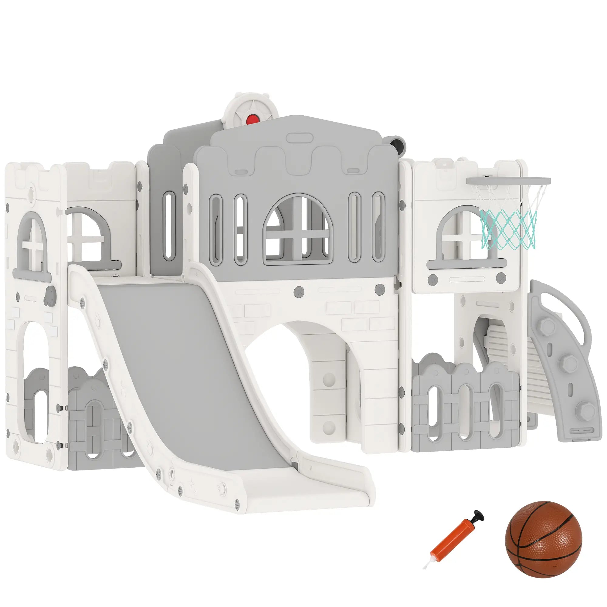 7-In-1 Toddler Slide With Basketball Hoop, Climber, Tunnel, Grey Gym Sets & Swings Grey and White at Gallery Canada