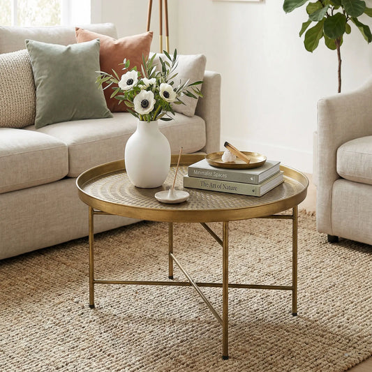 Vintage Coffee Table, 24" Round, Hammered Tray Top, Metal Frame, Gold Coffee Tables Gold at Gallery Canada