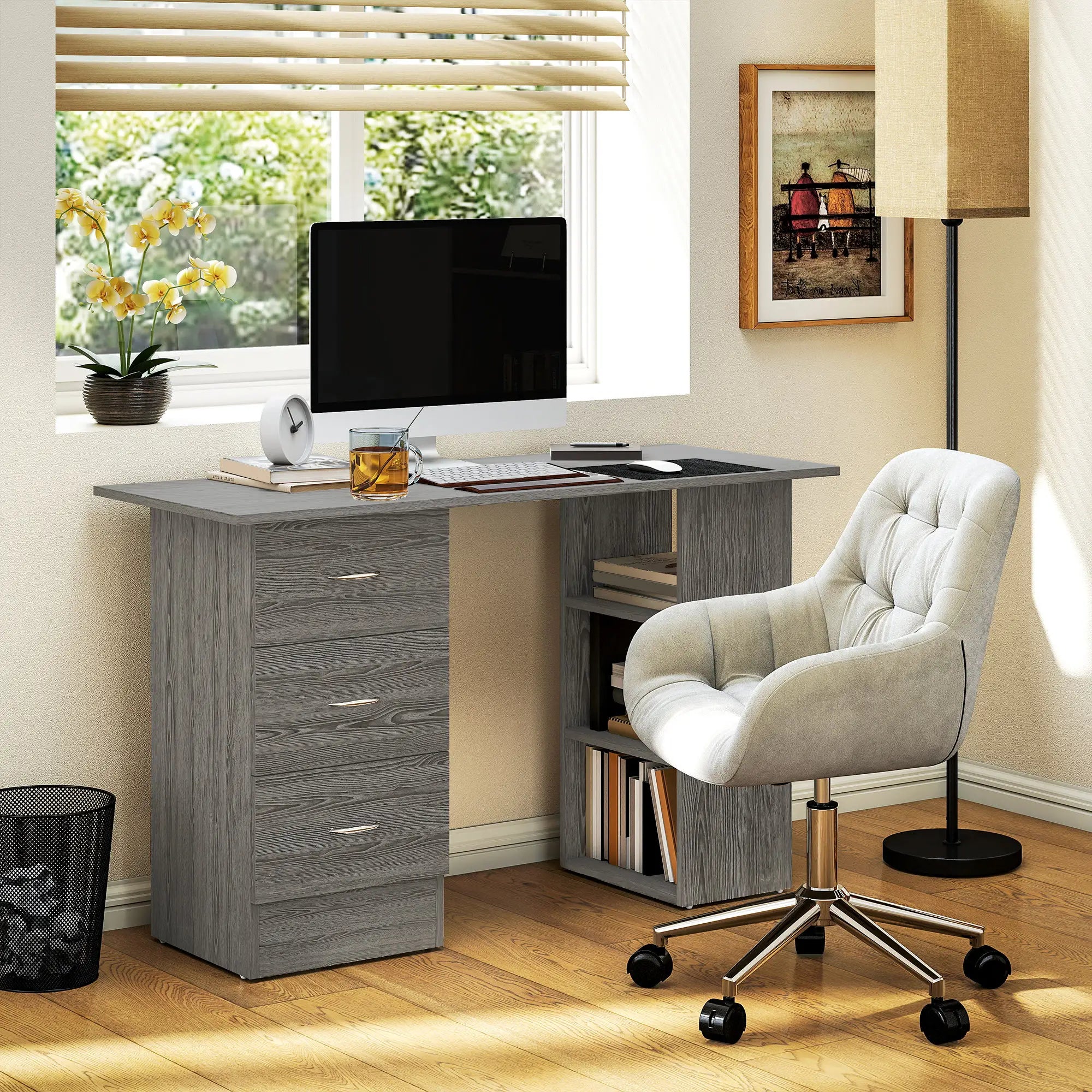 47 Inches Office Desk, 3-Tier Storage Shelves, Drawers, Grey Computer Desks at Gallery Canada