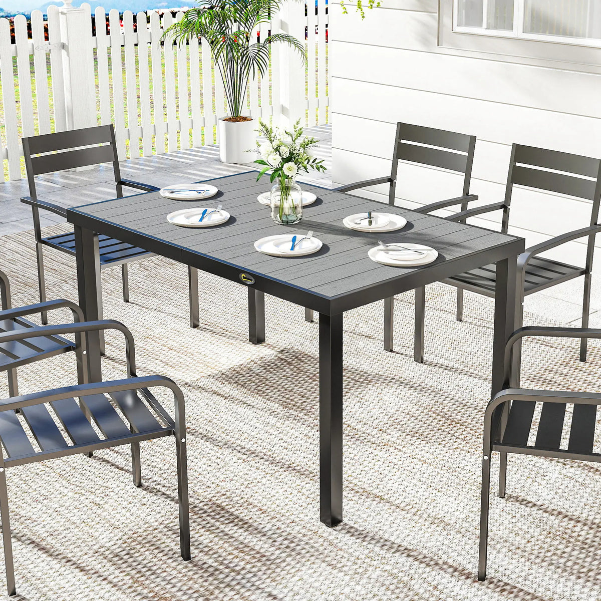 Rectangular Patio Table For 6, Wood-Plastic Composite Top, Steel Frame, Grey Patio Dining Tables at Gallery Canada