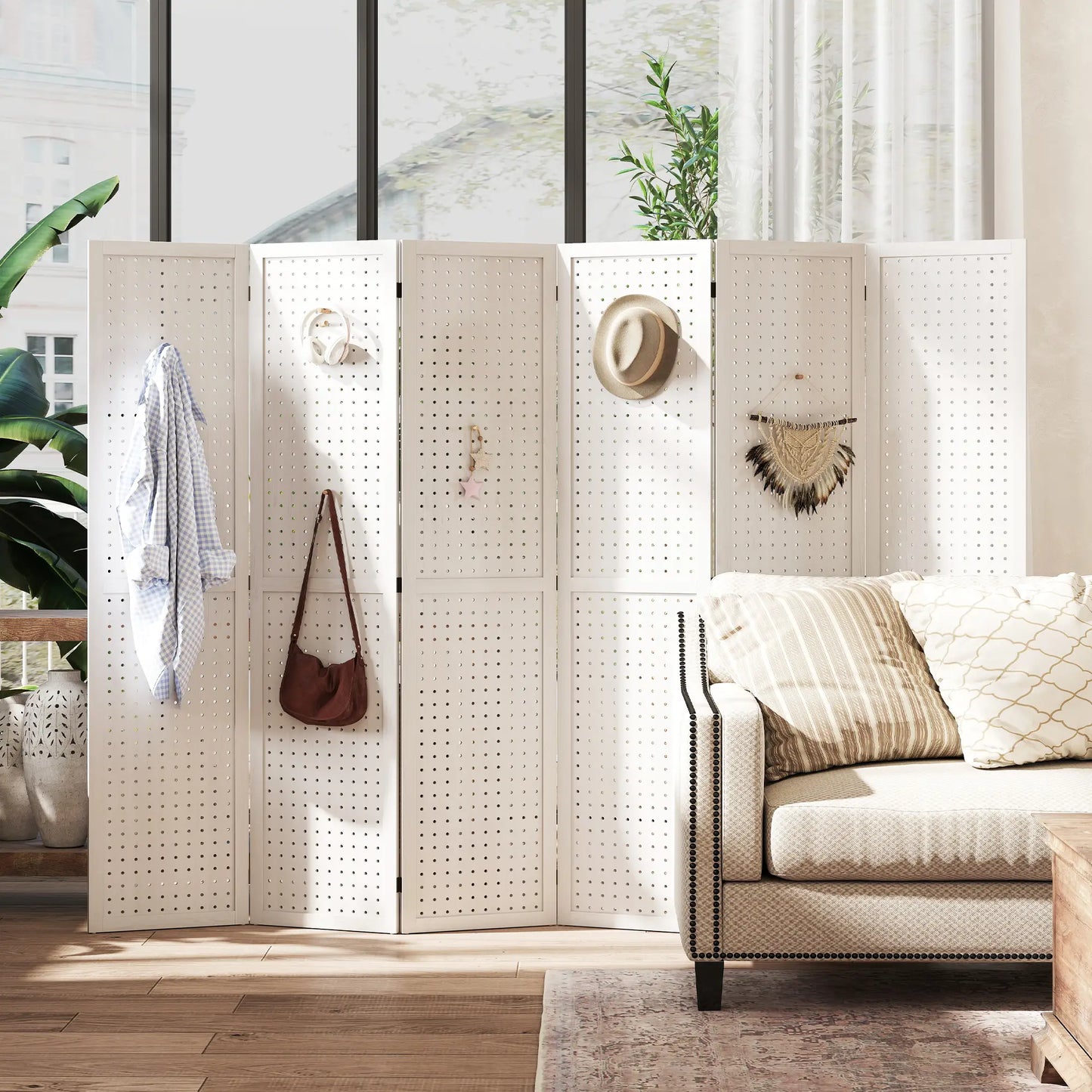 5.6 Ft. 6-Panel Room Divider, Pegboard Privacy Screen, White Room Dividers at Gallery Canada
