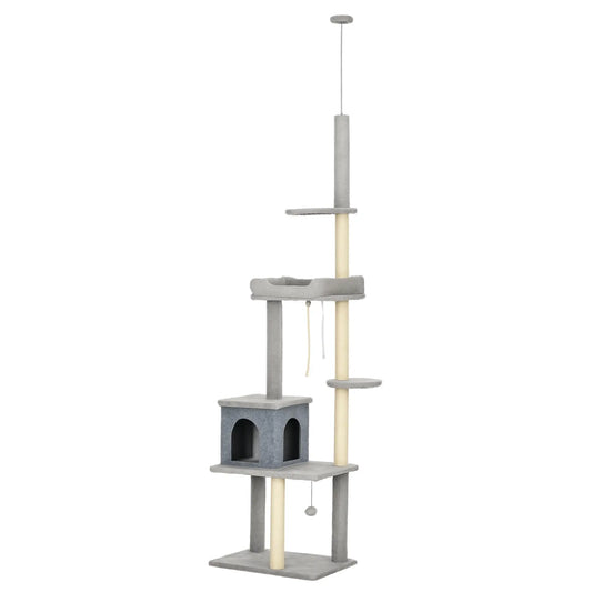 Adjustable Cat Tree, 85-101 Inches, Climbing Center with Scratching Posts, Grey Floor to Ceiling Cat Trees Grey at Gallery Canada
