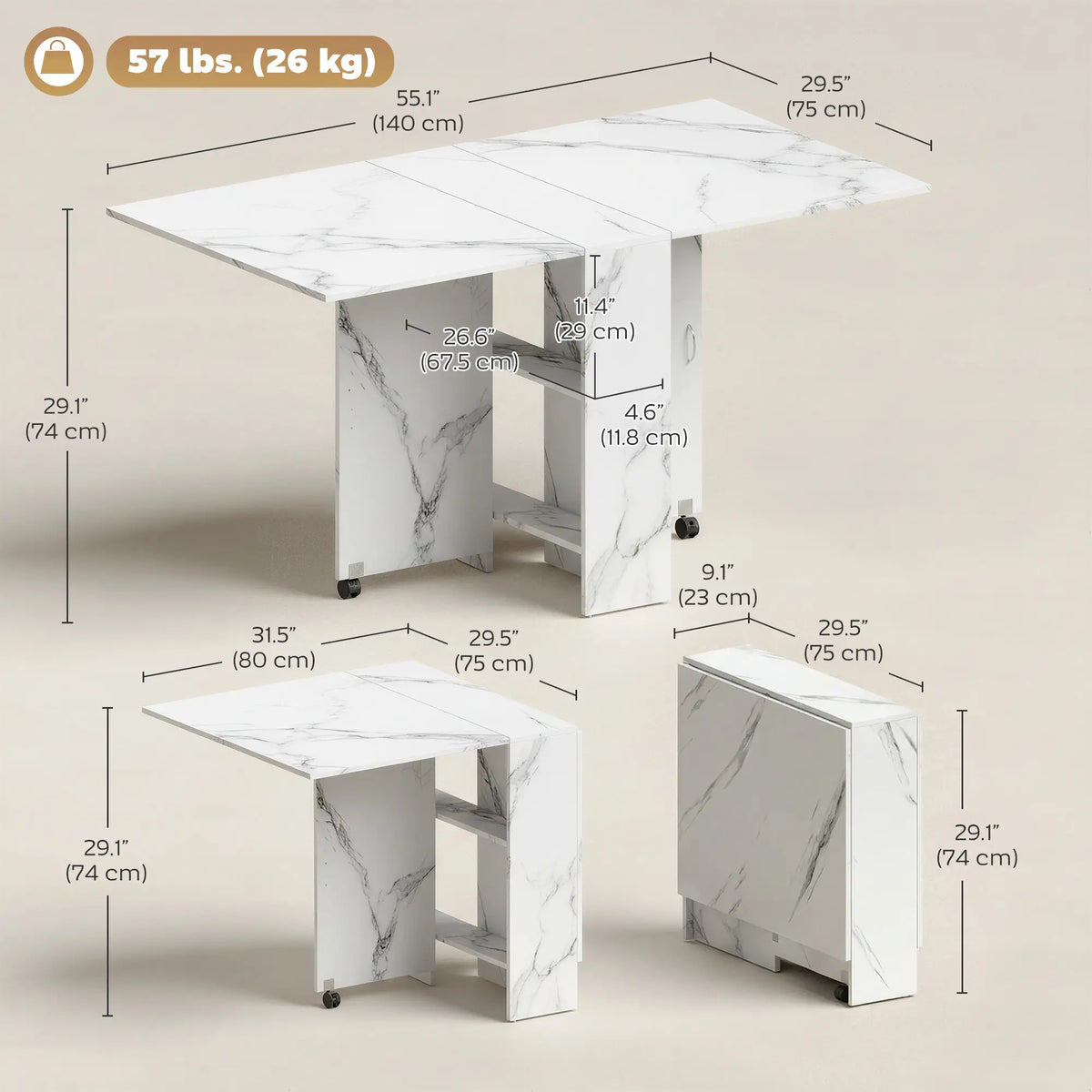 Extendable Dining Table, Marble White, Collapsible With Shelves, White