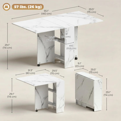 Extendable Dining Table, Marble White, Collapsible With Shelves, White