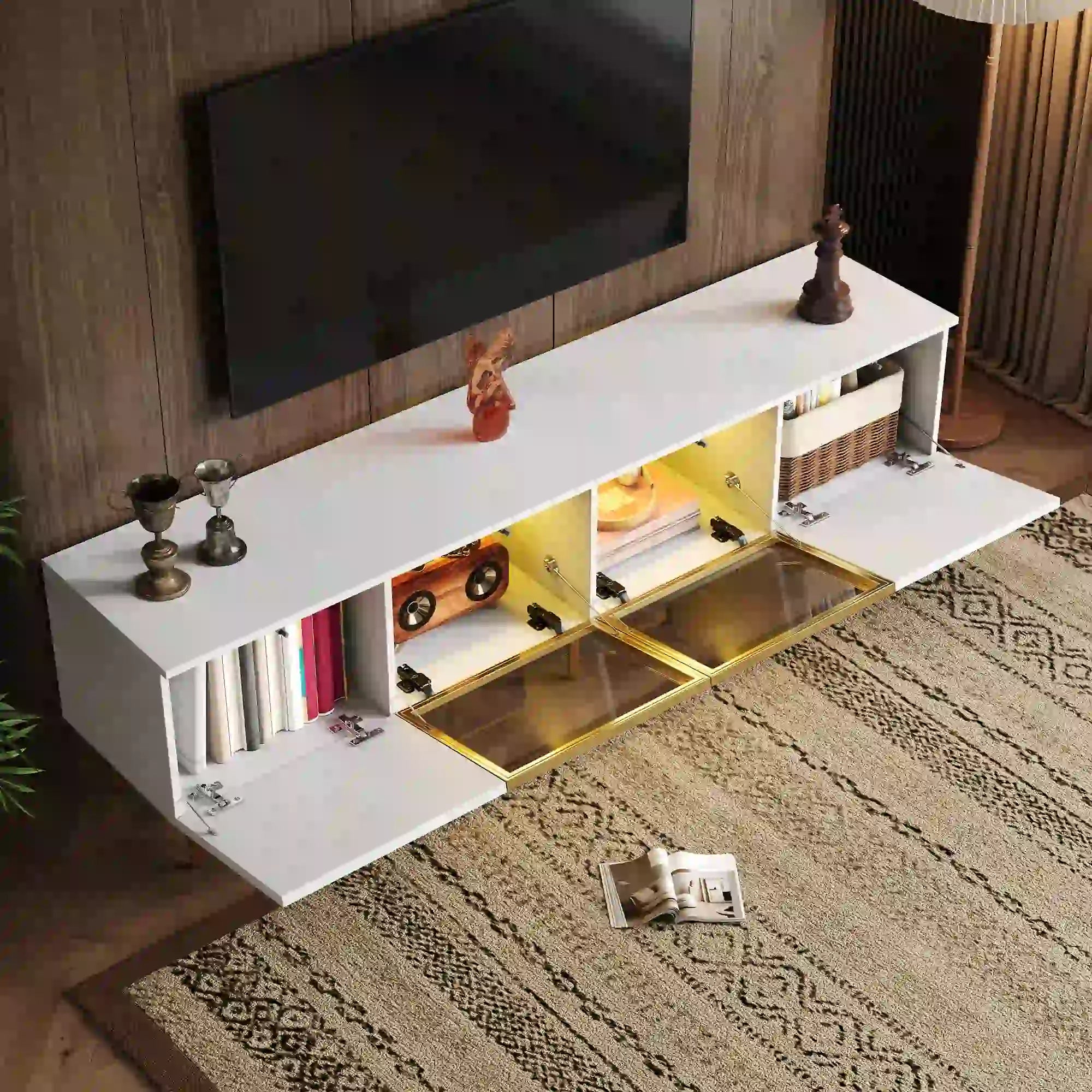 TV Stand, 4 Doors, Handles, Tempered Glass, LED Light, 67