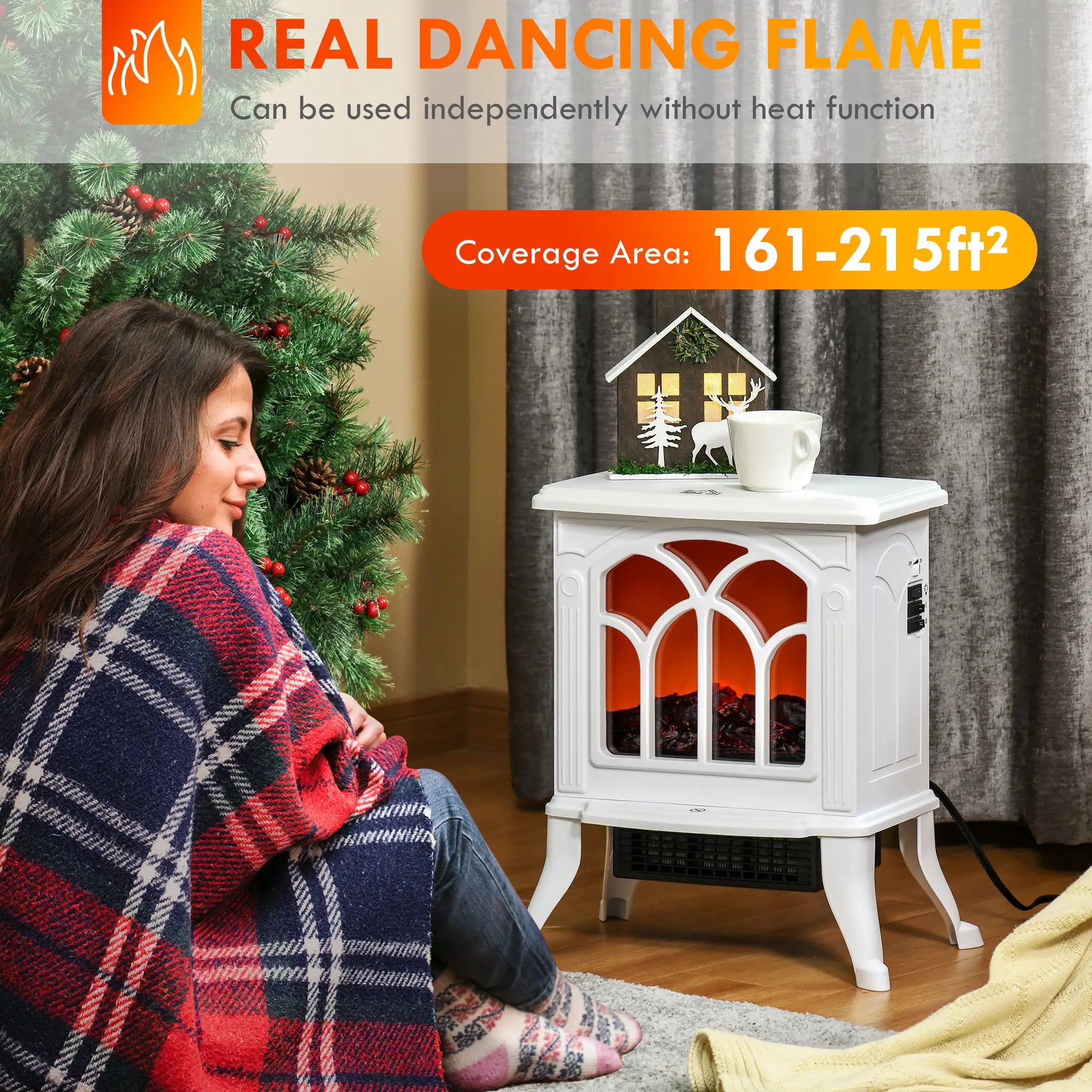 Electric Fireplace Heater, Freestanding, Realistic Flame, Overheat Protection, 750W/1500W, White Electric Fireplaces at Gallery Canada