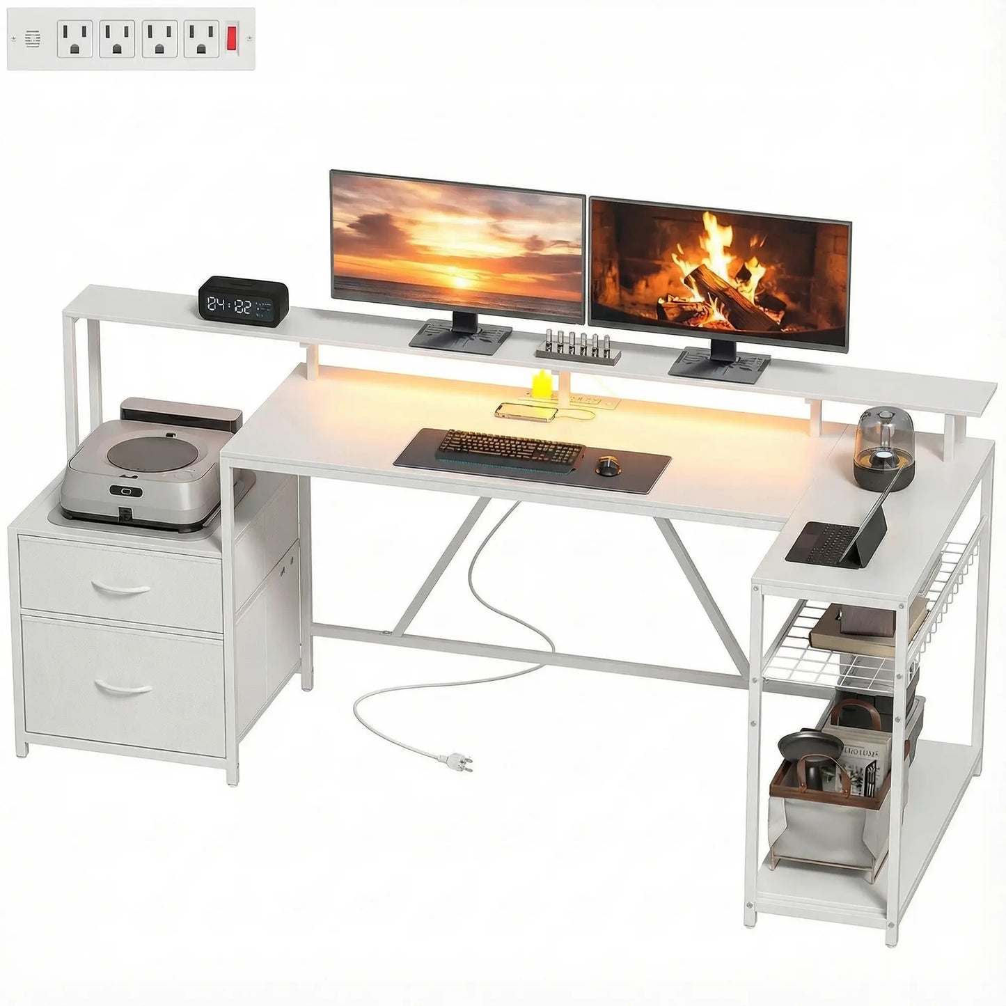 76" Gaming Desk, Reversible Computer Table, RGB Lights, USB Ports, White Gaming Desks White at Gallery Canada