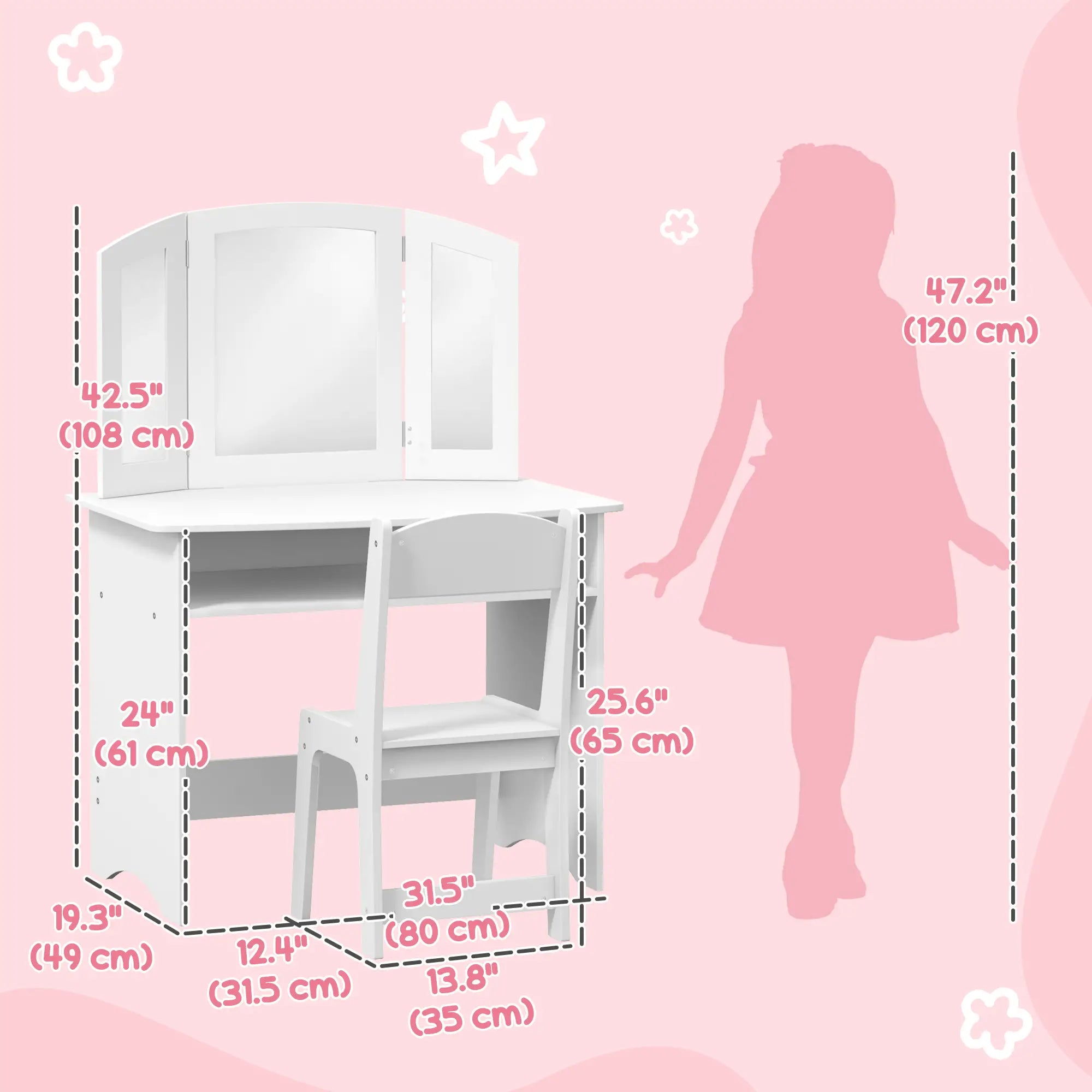 Kids Vanity Set, Tri-Folding Mirror, Stool, Storage Shelf Toy Vanity at Gallery Canada