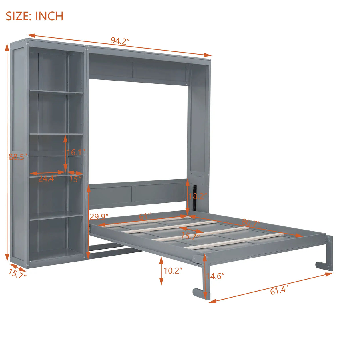 Murphy Bed with Storage, Dual Piston, Space-Saving, 94" L x 16" W x 88.5" H, Grey Bed Frames at Gallery Canada