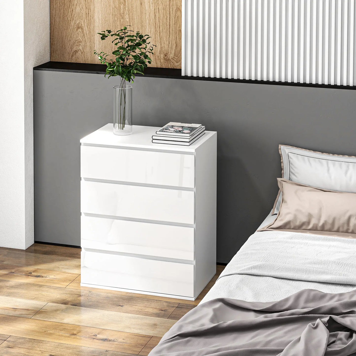 4 Drawer Cabinet, High Gloss, Bedroom Chest, Metal Runners, White Storage Cabinets at Gallery Canada