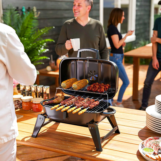 Foldable Charcoal BBQ Grill With Warming Rack, Adjustable Vent, Thermometer, Black