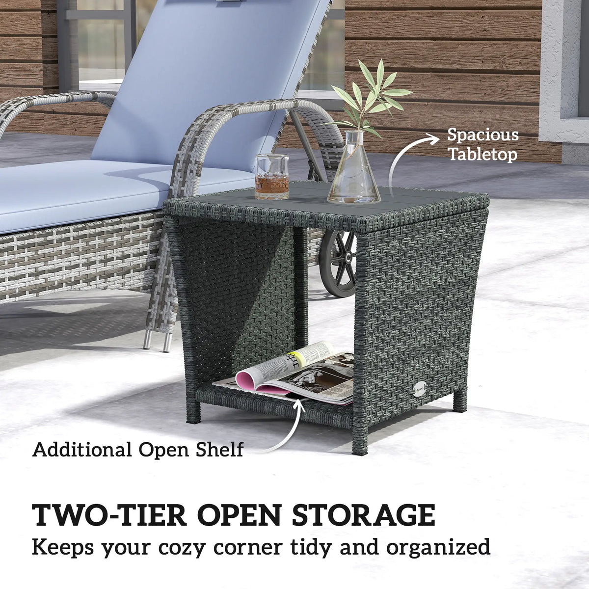 17.7" Square Wicker Side Table, Storage Shelf, Grey Patio Side Tables at Gallery Canada