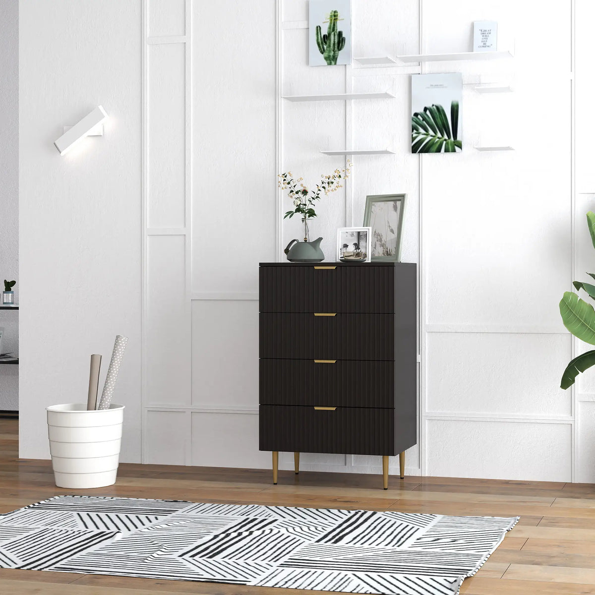 Modern 4 Drawer Dresser, Black with Gold Legs, Bedroom Chest, Black, Gold Storage Cabinets at Gallery Canada