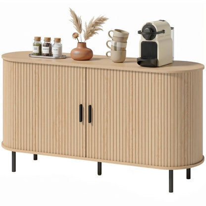 Mid Century Fluted Buffet Cabinet With Sliding Doors, 55", Natural Storage Cabinets Natural at Gallery Canada