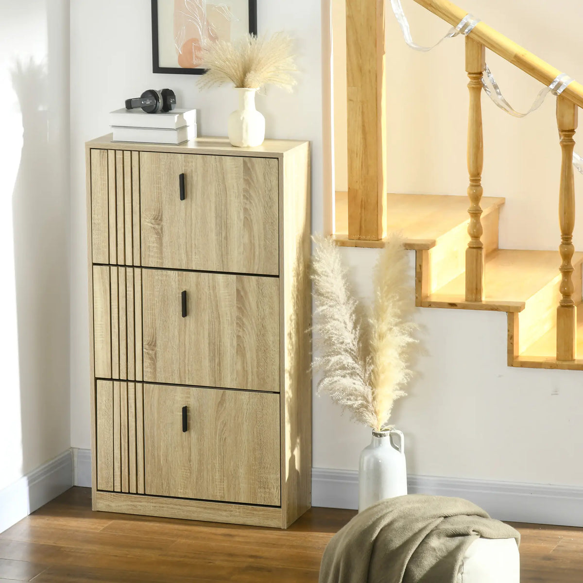 Shoe Storage Cabinet, 18 Pairs, 3 Flip Drawers, Adjustable Shelves, Oak Shoe Storage Cabinets & Racks at Gallery Canada