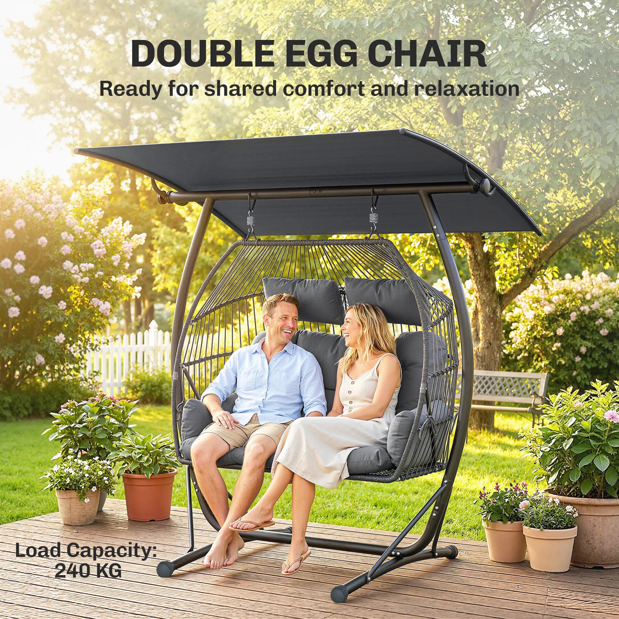 Hanging Double Egg Chair with Canopy, Cushion, Stand, Dark Grey Patio Swings with Stand at Gallery Canada