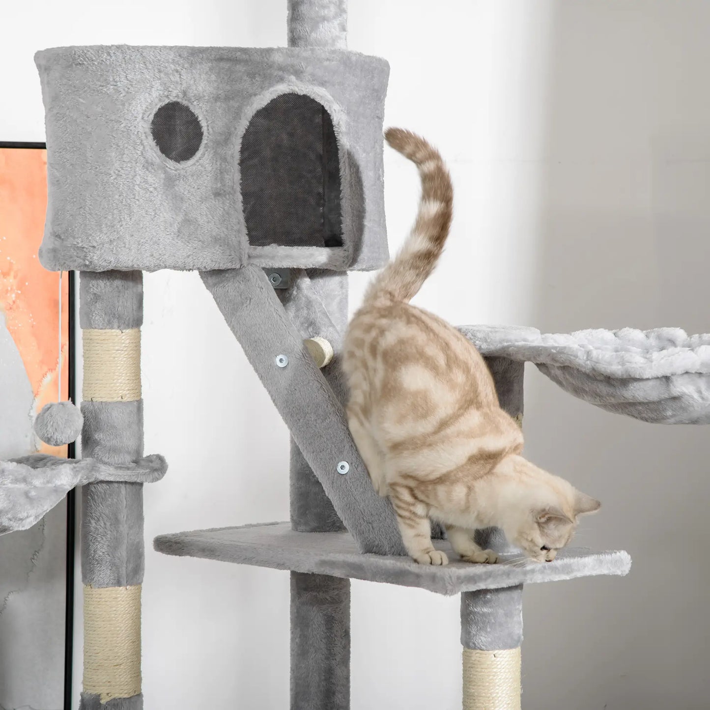 94"-102" Cat Tree, Ceiling High Condo, Scratching Post, Multi-Level Play House, Light Grey Floor to Ceiling Cat Trees at Gallery Canada