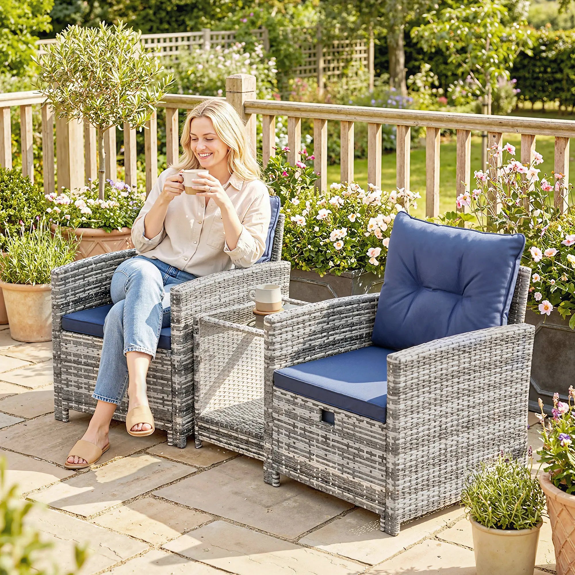 5 Piece Patio Furniture Set, Wicker Chairs With Ottomans, 2-Tier Glass Coffee Table, Grey/Dark Blue Patio Furniture Sets at Gallery Canada