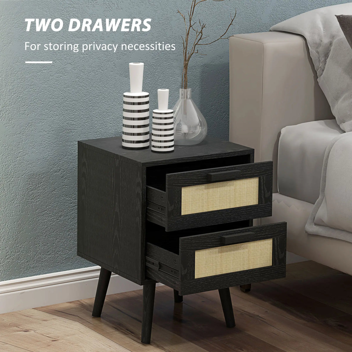 Boho Nightstands Set of 2, 2 Drawers, Bedroom Living Room, Black Bedside Tables at Gallery Canada