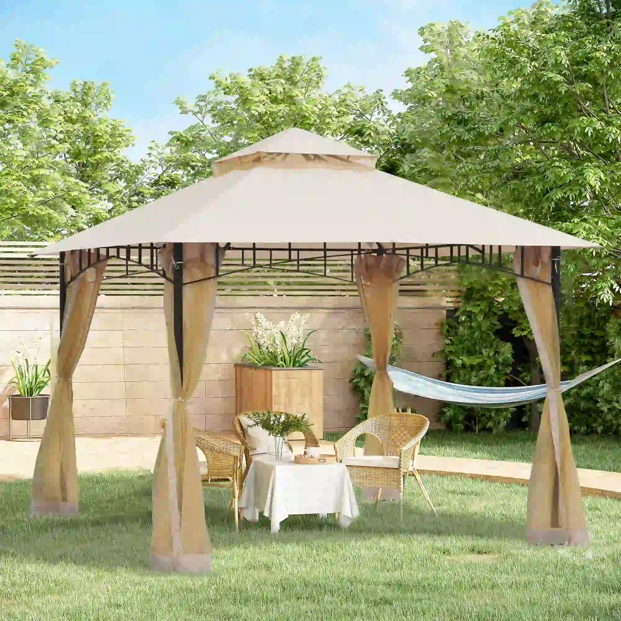 10' x 10' Double Tier Garden Gazebo, Water-Resistant, Anti-UV, Beige Gazebos at Gallery Canada