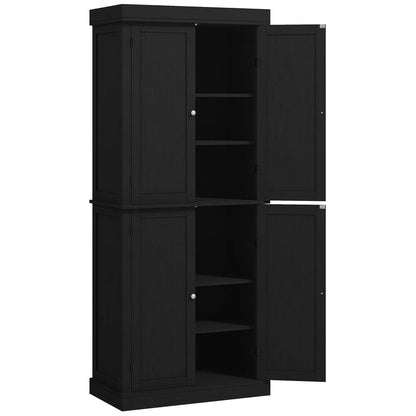 72.5" Freestanding Kitchen Pantry, 4 Doors, Black Kitchen Pantry Cabinets Black Wood Grain at Gallery Canada