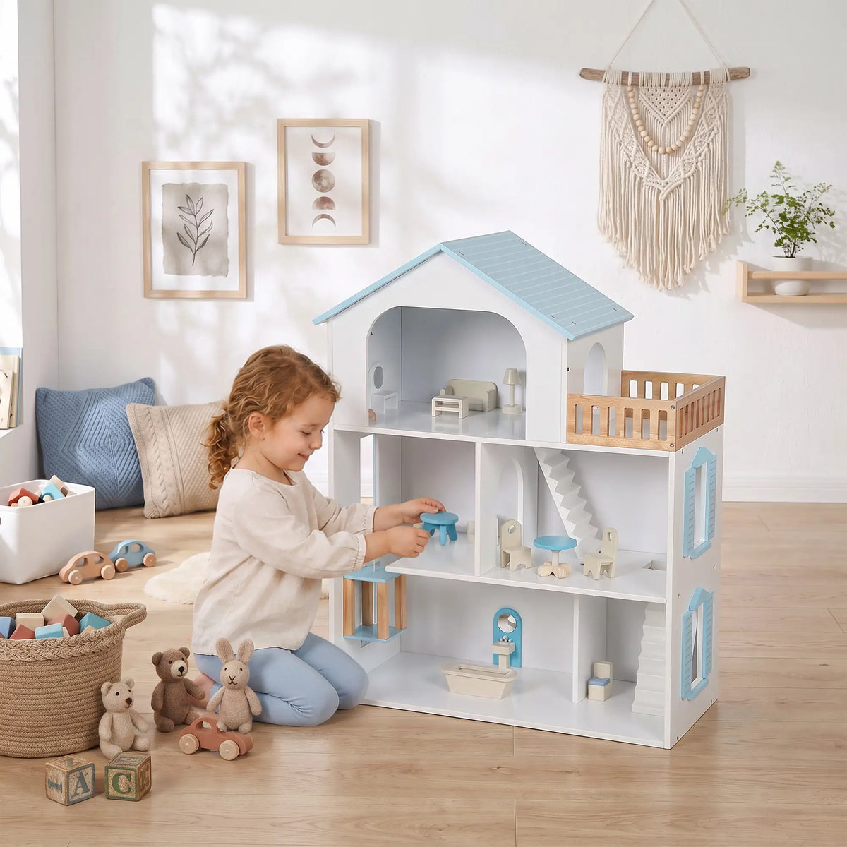 Wooden Doll House with Elevator, 5 Rooms, 13 Accessories, Blue Play Houses at Gallery Canada