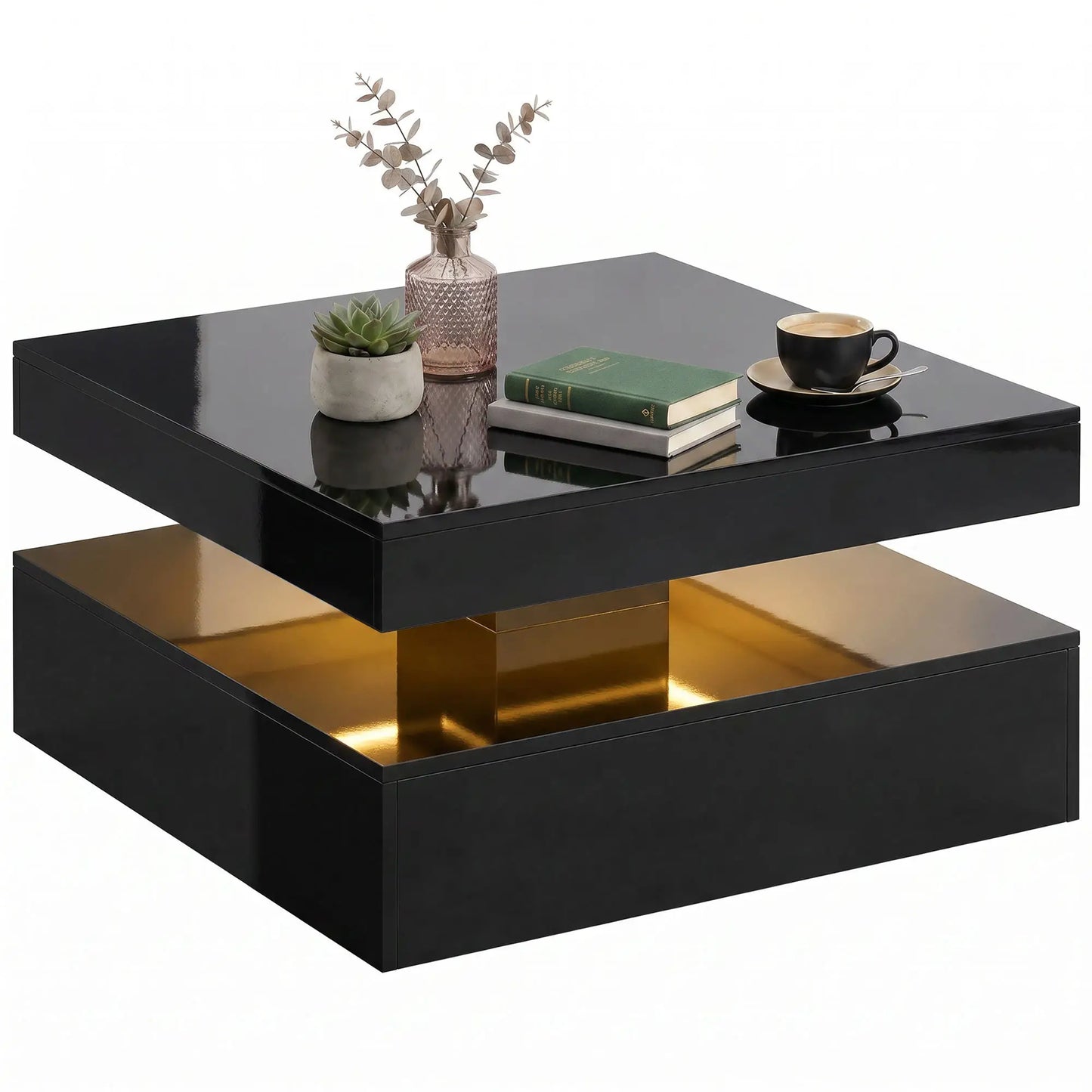 LED Coffee Table with Storage, 2-Tier Modern Center Table with Open Shelf and Remote for Living Room, High Gloss Black Coffee Tables at Gallery Canada