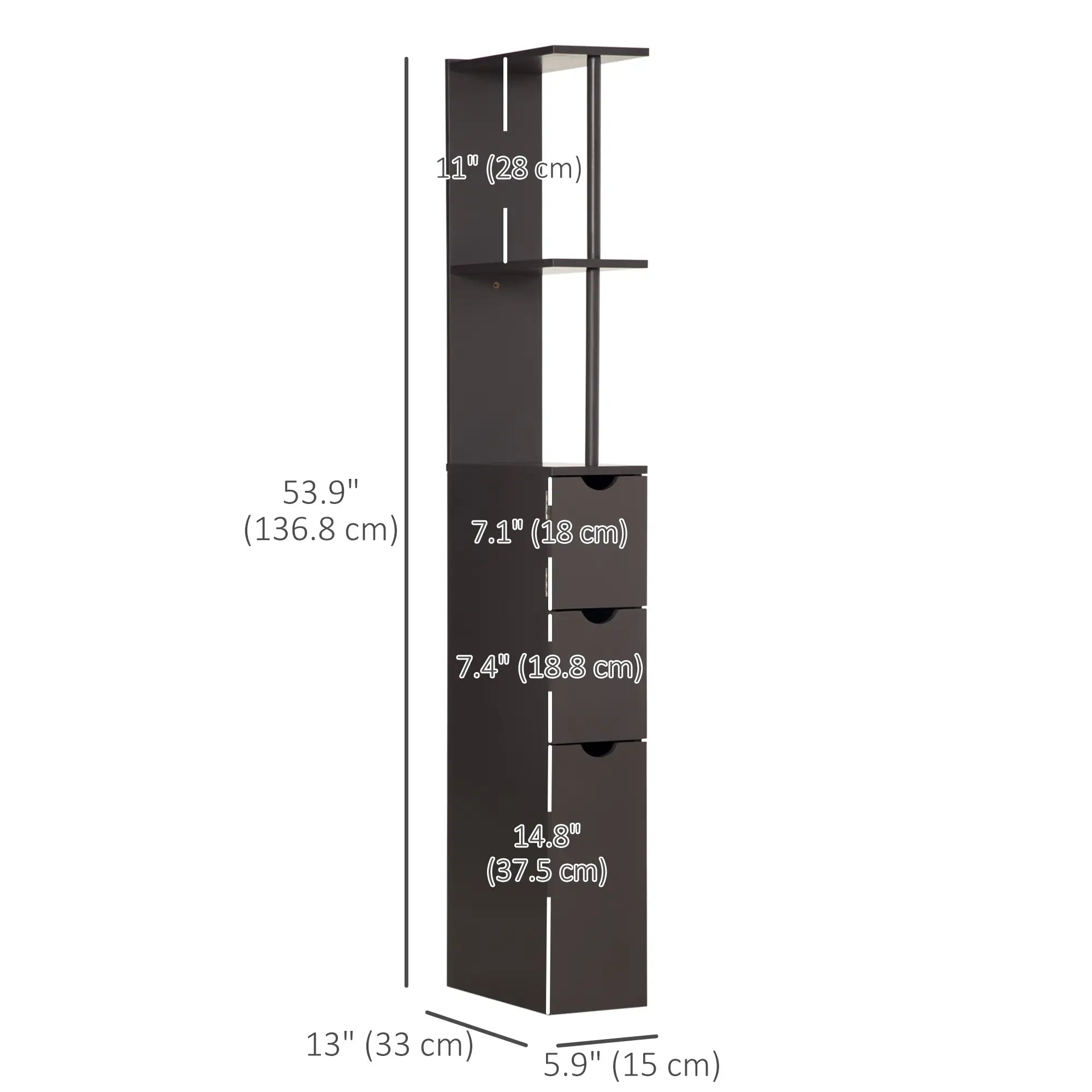 Tall Narrow Bathroom Storage Cabinet with Drawers, Open Shelves, Brown Bathroom Cabinets at Gallery Canada