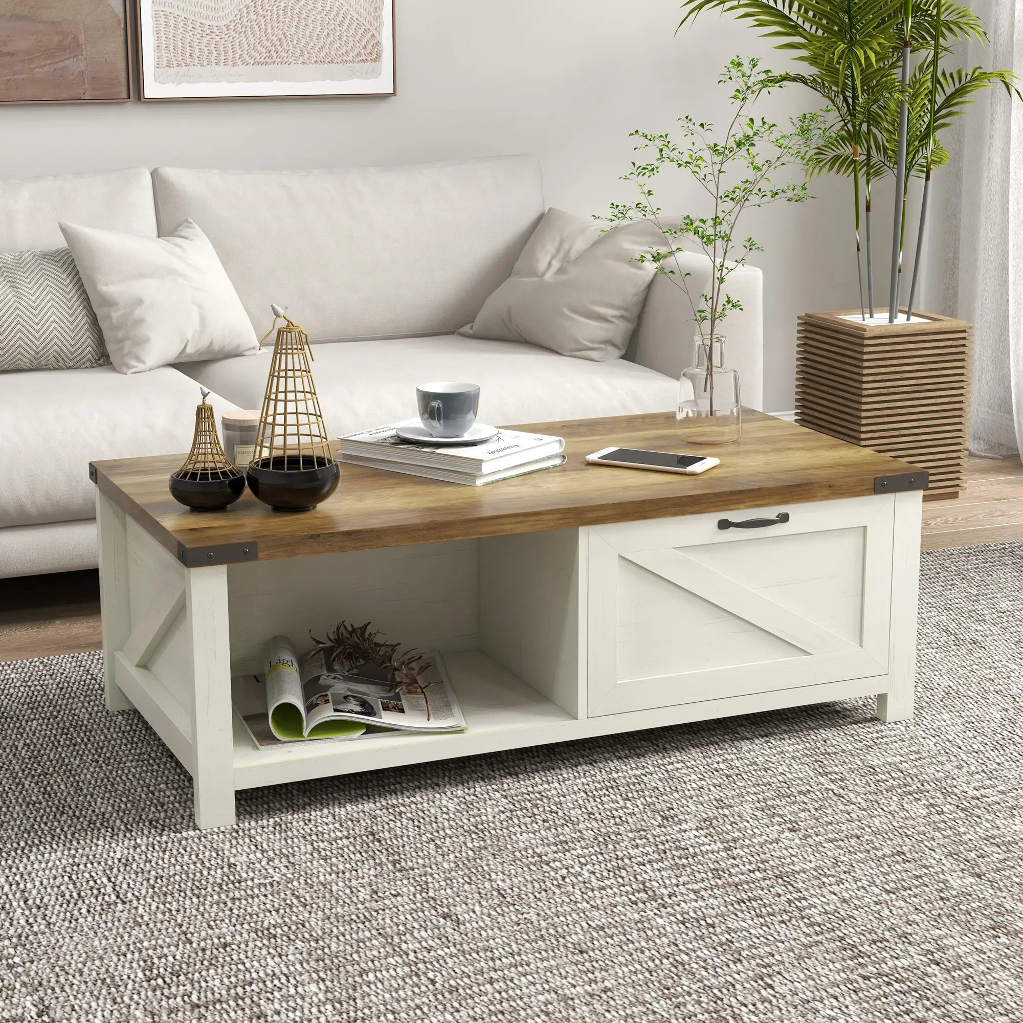 Industrial Coffee Table with Drawer, Open Shelf, Farmhouse Style, Brown Coffee Tables at Gallery Canada