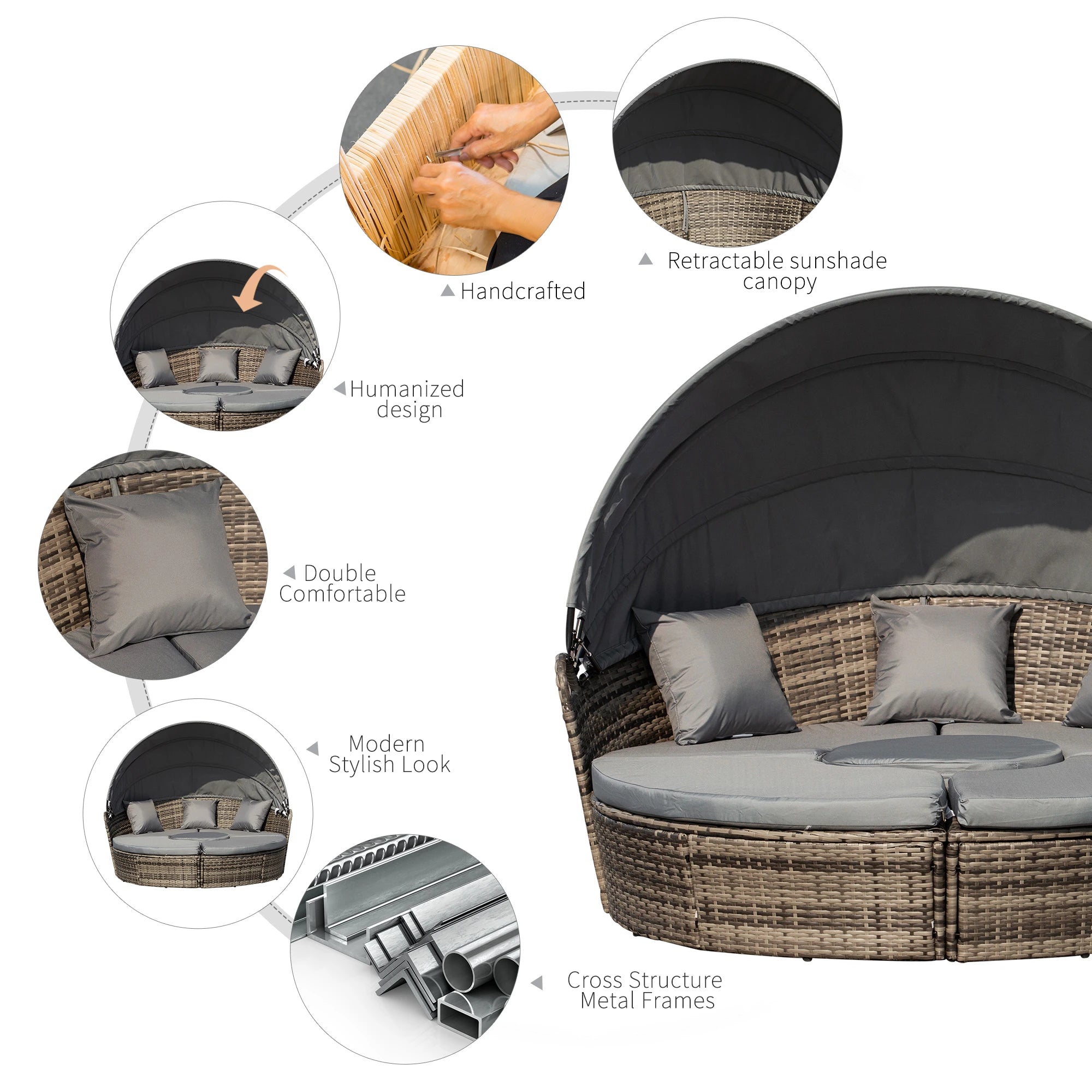 Outdoor Daybed with Canopy, PE Rattan Round Sofa, Patio Set with Cushions, Grey Daybeds at Gallery Canada