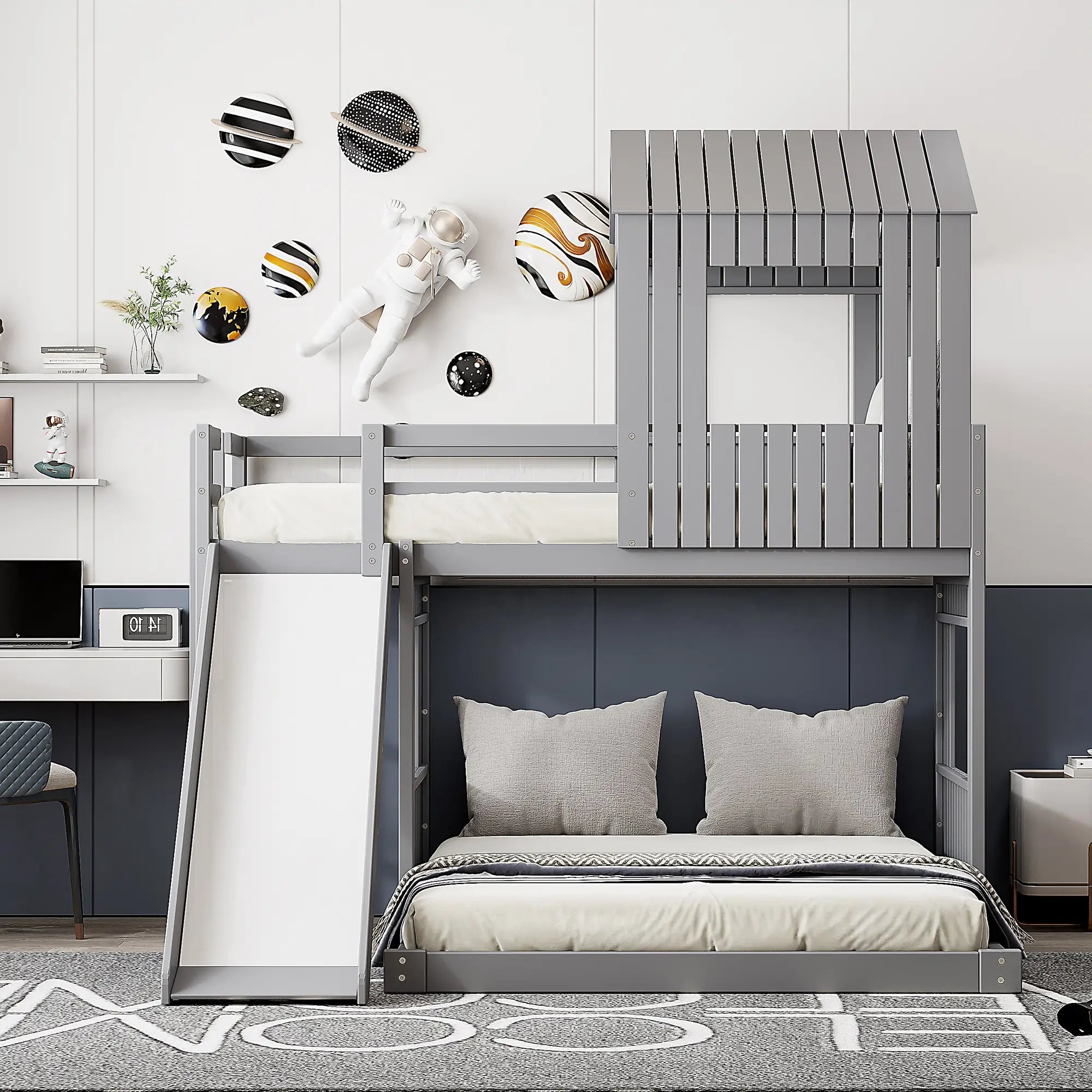 Twin Over Full Bunk Bed with Playhouse, Ladder, Slide, Guardrails, 82